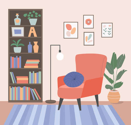 Comfortable chair, bookcase and house plants. Living room. Vector flat cartoon illustrationのイラスト素材
