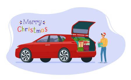 Man loading christmas gifts into the trunk of a car. Vector flat style illustration.のイラスト素材