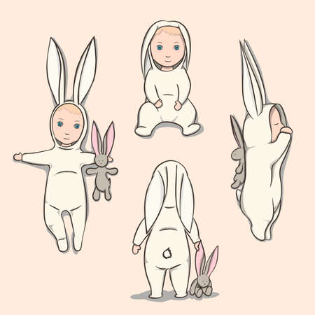 Baby in a rabbit suit with a plush toy. Four poses.  Sleeping positions, on back, sitting and standing.のイラスト素材