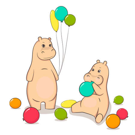 Hippos inflated balloons. Colored balloons. Isolated white background.のイラスト素材