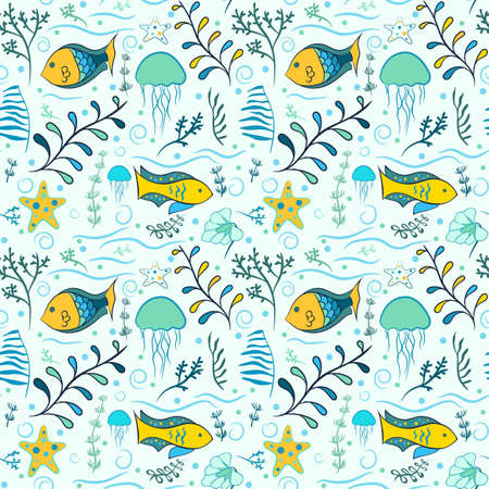 Underwater seamless pattern with marine elements - fish, seaweed, starfish, jellyfish.のイラスト素材