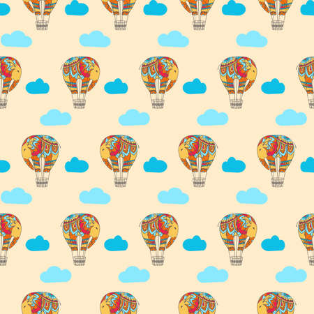 Seamless colorful texture with clouds and air balloon in the form of an elephant. Vector shildish background.のイラスト素材