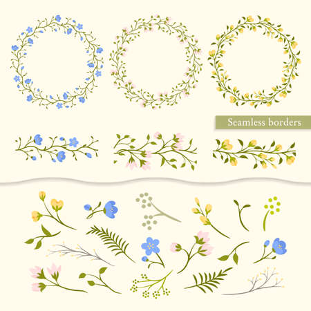 Vector set vintage floral elements - wreaths, seamless borders and individual elements (leaves, branches, flowers). For design wedding card and invitation.のイラスト素材