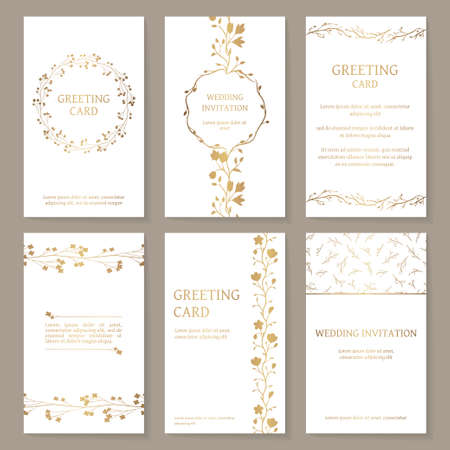 Vector set of six templates with gold ornament. Vintage wedding invitation and greeting cards with floral elements (wreath, border, pattern).のイラスト素材