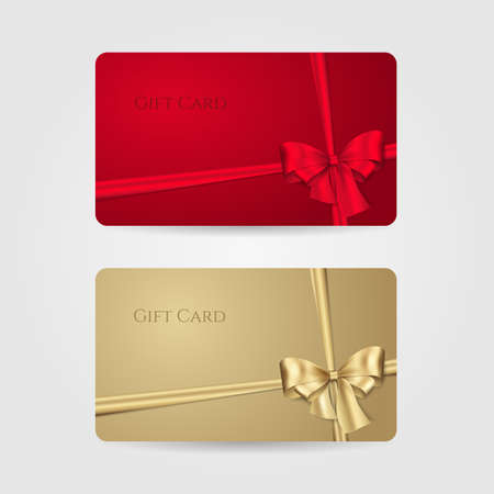 Red and golden gift cards with bow and ribbons. Vector template for design invitation and credit or discount card. Isolated from a background.のイラスト素材