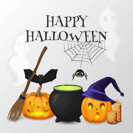 Vector collection of cartoon symbols for design Happy Halloween flyer and poster. Set of icon (pumpkins, witch's hat, cauldron, bat, cobweb, spider, candle, broom). Isolated from a background.のイラスト素材