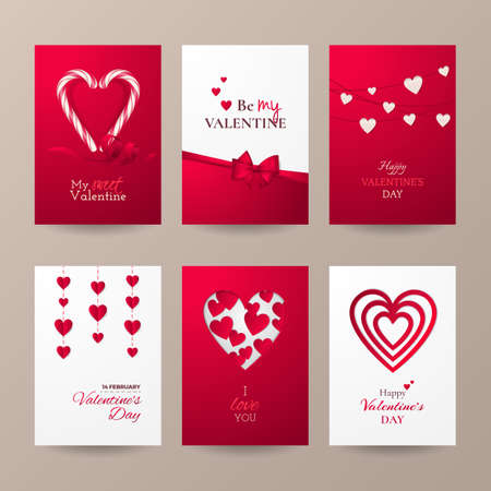 Set of cute cards for Valentine's day celebration with candy cane, hearts, bow and ribbon. Vector template for greeting cards and banners for website. Paper cut style.のイラスト素材