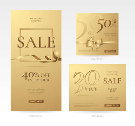 Vector set of stylish golden sale banners of different sizes with bow, frame and ribbon. Template for discount offers and promotion design on the website. Isolated from the background.のイラスト素材