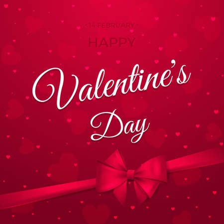 Happy Valentine's day. Stylish holiday banner with text, hearts, bow and ribbon. Vector greeting card with red background.のイラスト素材
