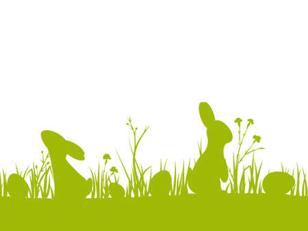 Vector easter seamless border with silhouettes of rabbits, eggs, flowers and grass. For design holiday greeting card or invitation. Isolated from the background.のイラスト素材
