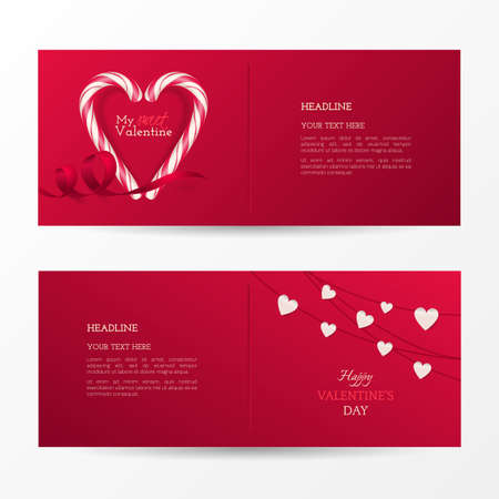 Vector set of cute banners for Happy Valentine's day celebration with shape heart of candy canes, ribbon and garland with hearts. Holiday template with place for text and red backgroundのイラスト素材