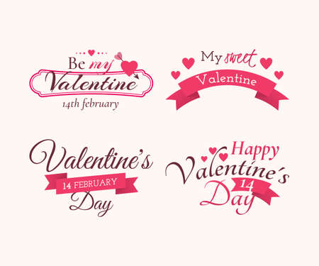 Set of badges and labels with title Happy Valentine's day, Be my Valentine and My sweet Valentine. Decoration elements with holiday symbols (hearts, arrow and ribbon).のイラスト素材