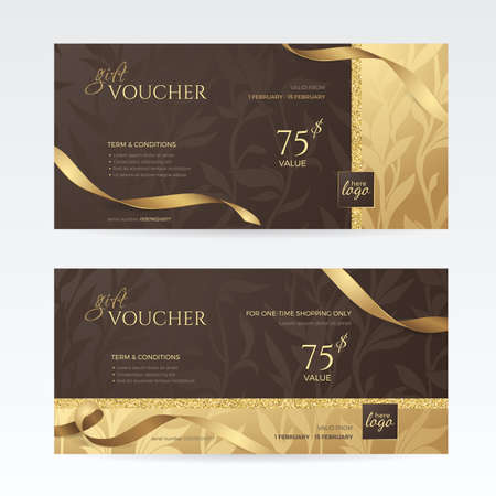 Set of luxury gift vouchers with golden ribbons and floral patterns on the deep brown background. Vector template for gift card, coupon and certificate. Isolated from the background.のイラスト素材