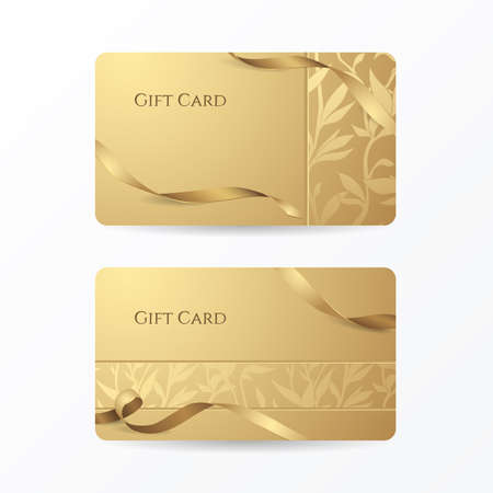 Set of stylish golden gift cards with ribbons and floral pattern. Vector template for design vouchers and credit or discount cards. Isolated from a background.のイラスト素材
