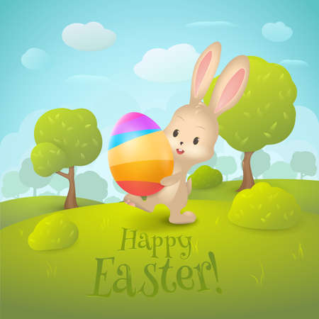 Greeting card with text Happy Easter !. Cartoon spring landscape with cute rabbit and colored egg in field. Holiday background with trees, grass, bushes, clouds for design posters and banners.のイラスト素材