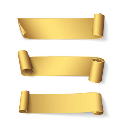 Set of short curved golden ribbons. Vector realistic elements for banners and promotional design. Isolated from the background.のイラスト素材