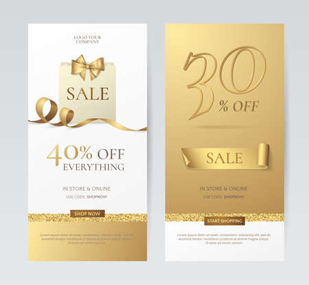Set of elegant vertical banners with paper shopping bag, golden bow and ribbon. Vector templates for promotion design on the website with gold and white background. Isolated from the backgroundのイラスト素材