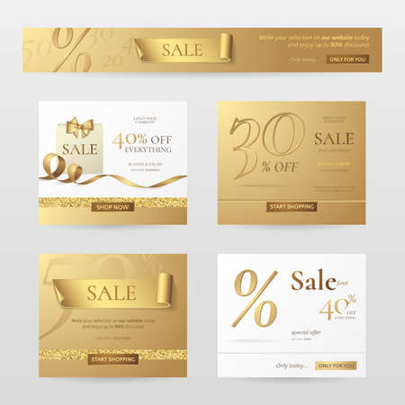 Set of elegant sale banners with golden bow, ribbon and paper shopping bag.のイラスト素材