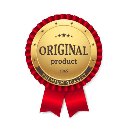 Vector gold rosette with title "Original Product" and "Premium Quality". Golden badge.のイラスト素材