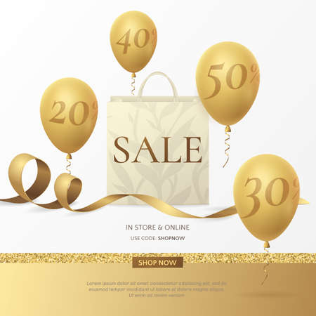 Stylish sale poster with a paper shopping bag, golden ribbon and balloons.のイラスト素材