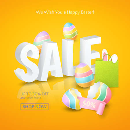 Poster for Easter Sales with 3d text, colored eggs, ribbon, paper shopping bag and and ears of a bunny on the orange background. Vector template for banners and flyers design with discounts offersのイラスト素材