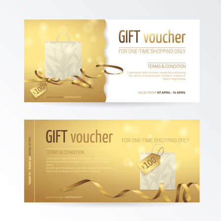 Vector set of gift voucher with paper shopping bag, small bow, ribbons and tags on the shiny gold background. Modern template for holiday certificate, coupon and gift cards.のイラスト素材