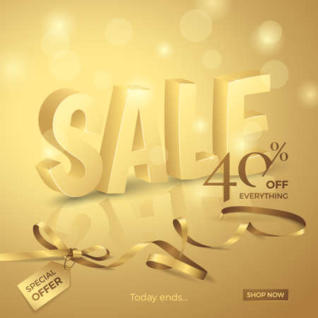 Vector luxury sale banner with 3d text, ribbon, small bow and tag. Gold background with lights for design promotional flyers with discounts offers.のイラスト素材