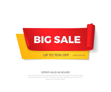 Vector big sale banner. Realistic curved red and yellow paper ribbons with shadow and space for text for discounts offers. Isolated from the background.のイラスト素材