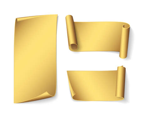 Set of short realistic gold ribbons. Vector curved paper banners for promotional design. Isolated from the backgroundのイラスト素材