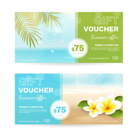 Vector set of gift vouchers with beach, sea, palm leaves, tropical flowers. Summer template with plumeria and blurred effect for travel certificate, coupon and gift card. File contains clipping mask.のイラスト素材