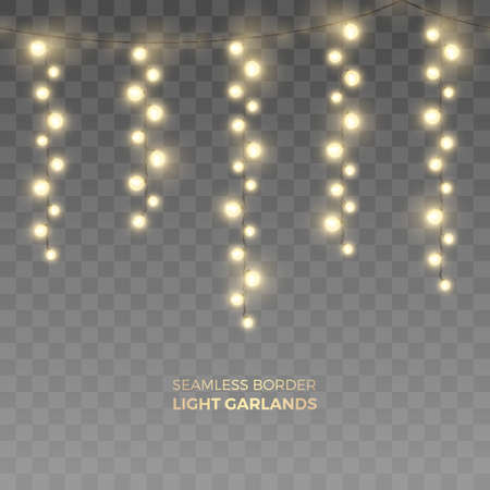 Vector seamless horizontal border of realistic yellow light garlands. Festive decoration with shiny Christmas lights. Vertically hanging glowing bulbs isolated on the transparent background.
のイラスト素材