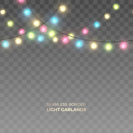 Vector horizontally seamless border of realistic colored light garlands. Festive decoration with shiny colorful Christmas lights. Glowing bulbs isolated on the transparent background. &#xD;&#xA;のイラスト素材