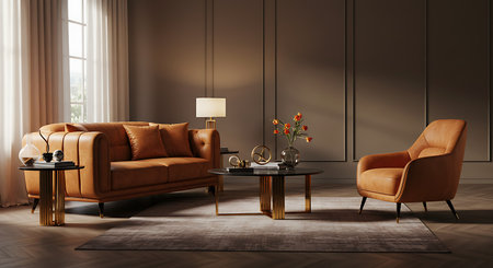interior with brown sofa and coffee table, 3d render illustrationの素材