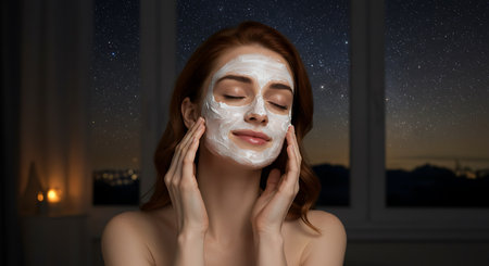 beautiful young woman with vitiligo and facial mask at nightの素材