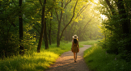 Young woman walking in the park at sunset. Rear view of girl in a yellow dress and hat.の素材