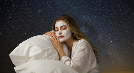 Young woman with facial mask in bed at night. Beauty treatment conceptの素材