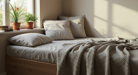 Interior of modern bedroom with beige bedding and pillowsの素材