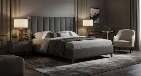 3d render of modern bedroom with grey walls and wooden floor.の素材