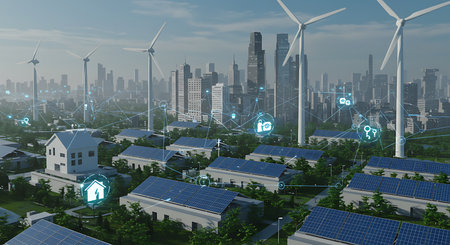 Eco city with wind turbines and solar panels, 3d renderingの素材