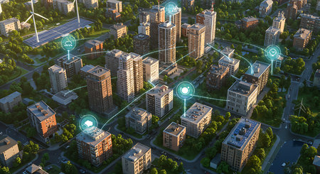 Aerial view of modern city with buildings, windmills and solar panels. 3D renderingの素材