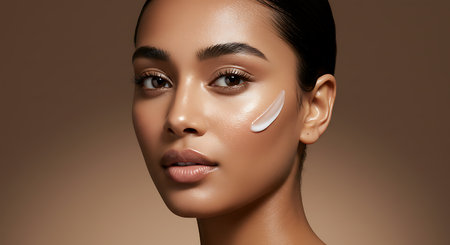 Beautiful young asian woman with cosmetic cream on face. Skincare conceptの素材