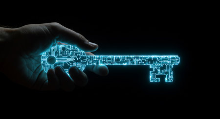 Close up of hand holding key with circuit board on dark background 3D renderingの素材