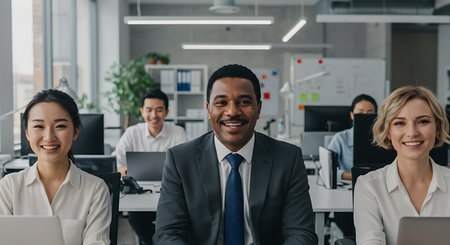 smiling african american businessman looking at camera while colleagues working in officeの素材