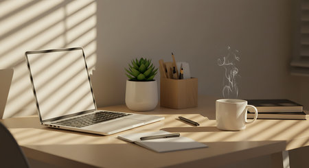3D rendering laptop and work stuff on wooden table near window with blindsの素材
