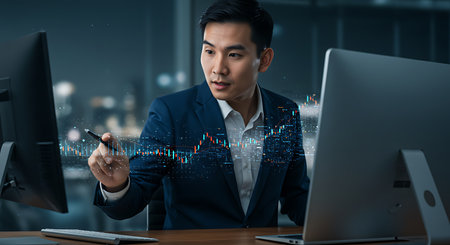 Portrait of confident young Asian businessman in suit working with computer to optimize trading strategy at corporate finance fund. Forex chart.の素材