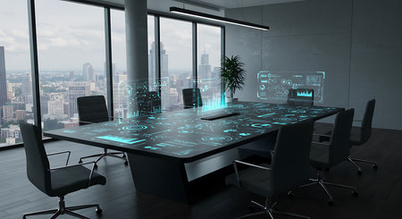 Modern coworking office interior with technology theme hologram. 3D Renderingの素材