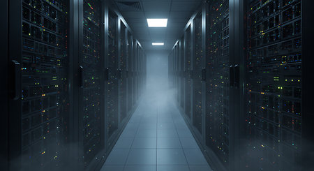 Server room data center. Backup, mining, hosting, mainframe, farm and computer rack with storage information. 3d renderの素材