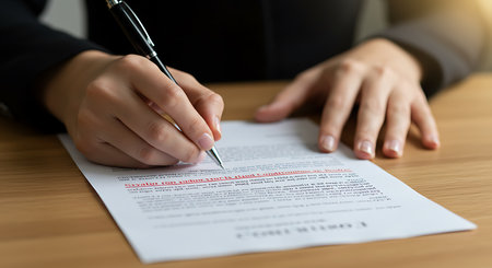 Close-up of businesswoman signing contract on wooden table in officeの素材