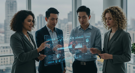 Group of business people working together in modern office. They are looking at hologram screens with numbers and diagrams.の素材