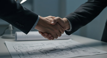 Close-up of two business people shaking hands on the background of a blueprintの素材